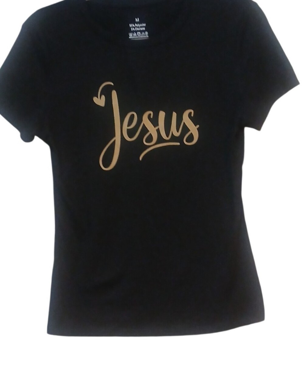 Access -Ladies Black Graphic Designed Short Sleeve Tee Shirt. Jesus across front - Picture 3 of 10